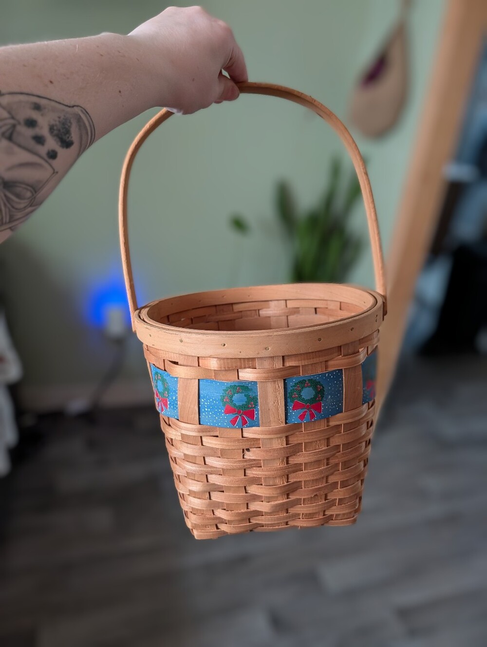 Natural Wood Basket with Blue Wreath Panels